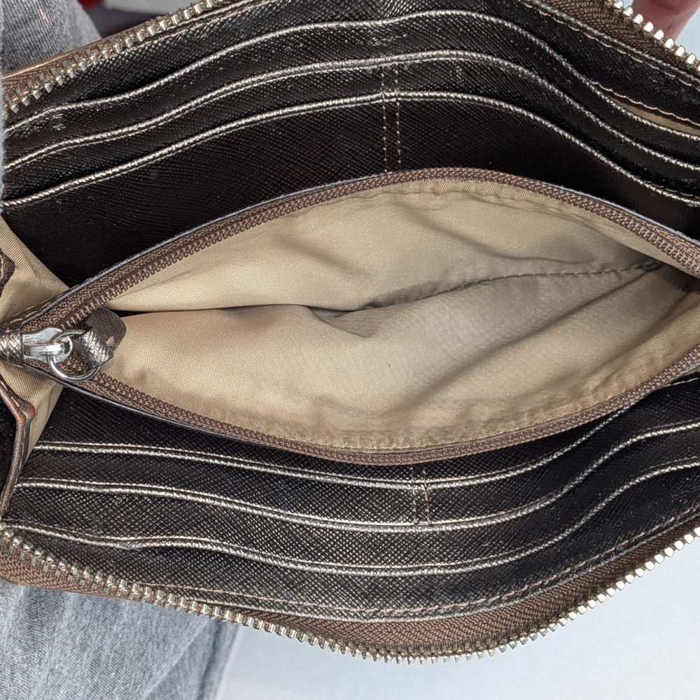 Coach Wallet Signature Monogram Bronze Tan Metallic Stripe Canvas & Leather Zip - Picture 12 of 13